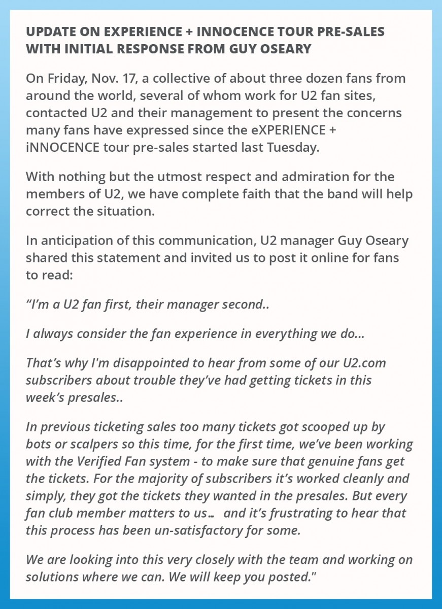 Communiqu&eacute; concernant les pr&eacute;ventes pour le #U2eiTour et r&eacute;ponse initiale de Guy Oseary.