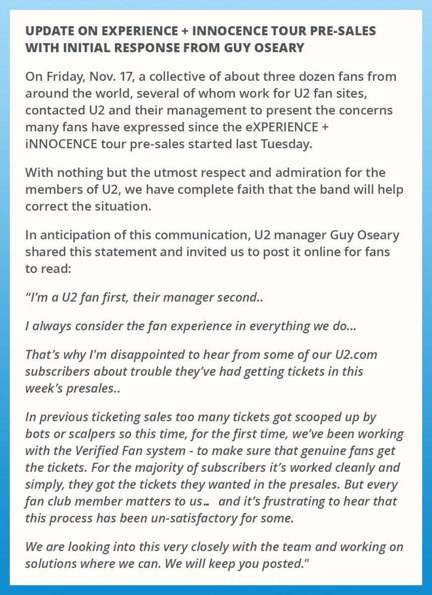 Communiqu&eacute; concernant les pr&eacute;ventes pour le #U2eiTour et r&eacute;ponse initiale de Guy Oseary.